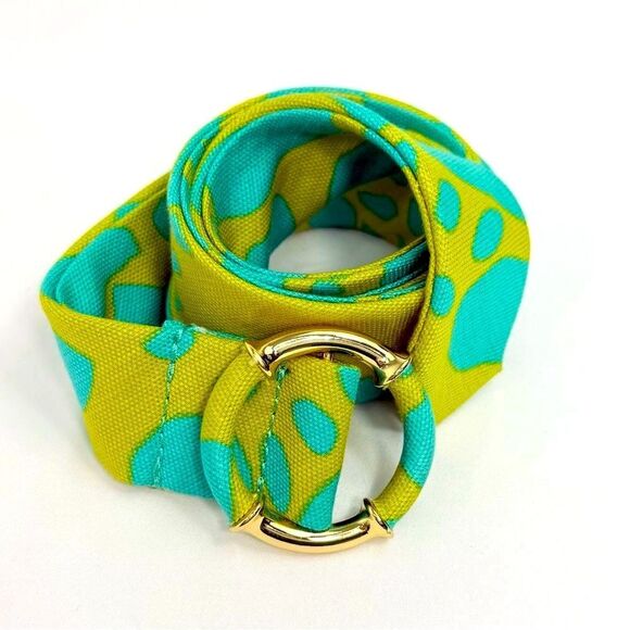 J. Crew Teal Lime Linen Abstract Print Gold Tone Buckle  Adjustable Fabric Belt - Picture 2 of 12
